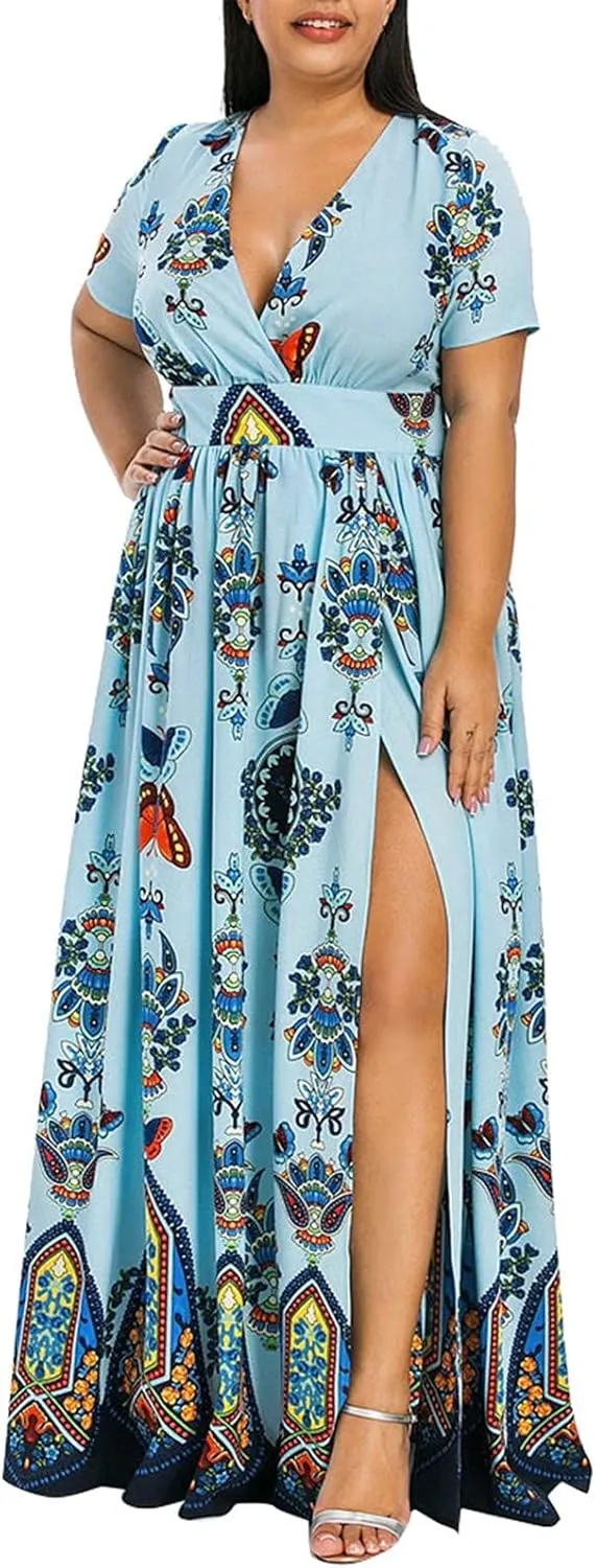 Women's Spring Dresses 2025 Plus Size Dress Curvy Fashion Butterfly Printed V-Neck Short Sleeve Casual Maxi, XL-5XL