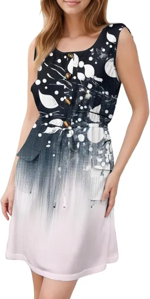 Women's Spring Dresses Sleeveless Trendy Tie Waist Elegant Square Neck Flowy Holiday Loose Fit Midi Dress