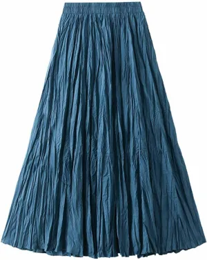 Women's Spring Summer Pleated Skirt Elastic High Waist Midi Skirt Casual Swing Flowy Boho A-Line Skirts Dress One Size