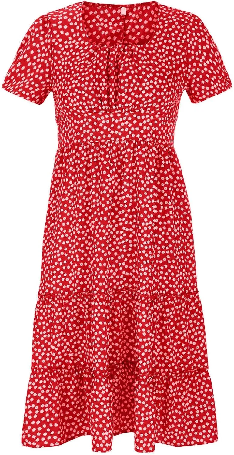Women's Square Neck Casual Midi Dresses Polka Dot Sundress Short Sleeve Tiered Flowy Fashion Summer Dresses
