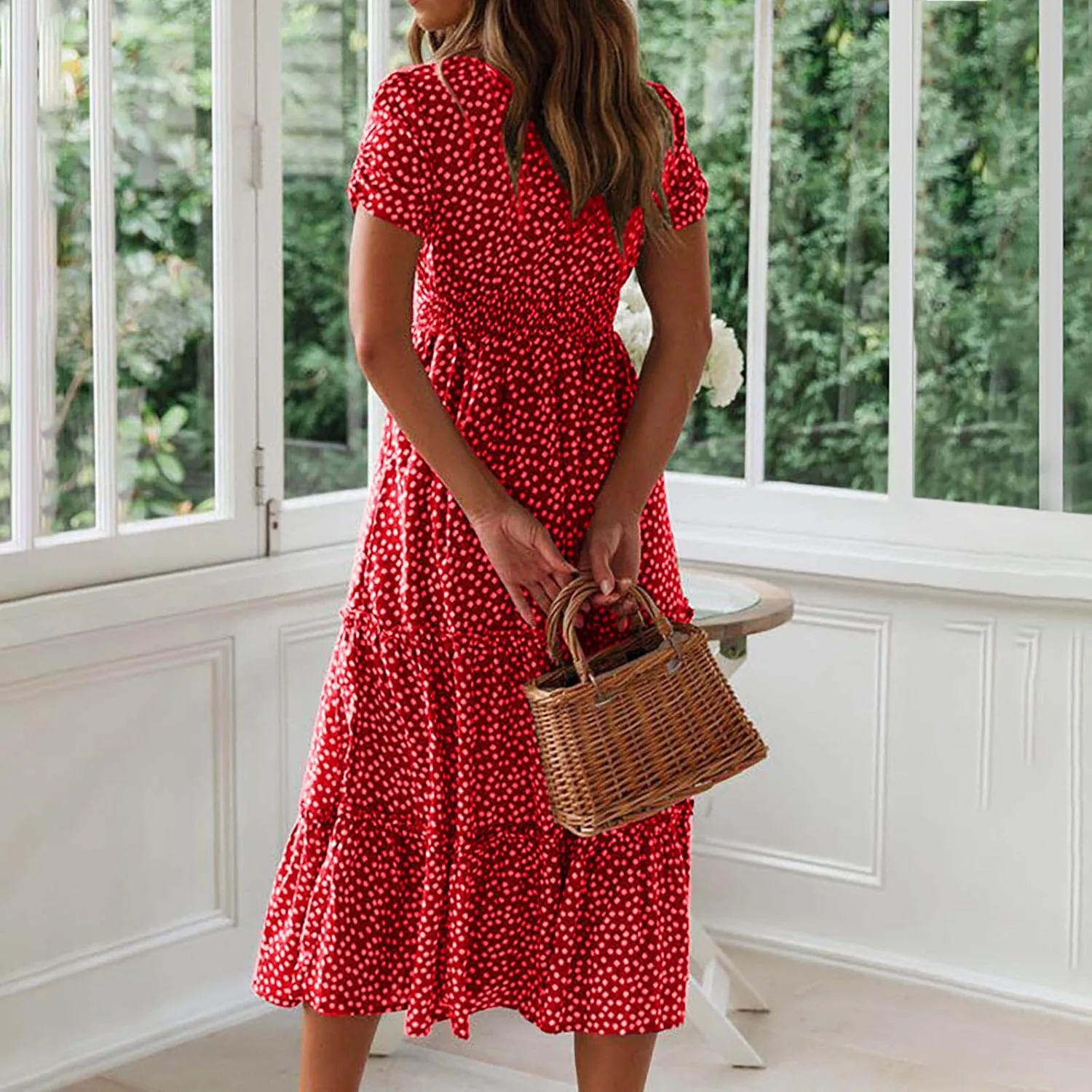 Women's Square Neck Casual Midi Dresses Polka Dot Sundress Short Sleeve Tiered Flowy Fashion Summer Dresses