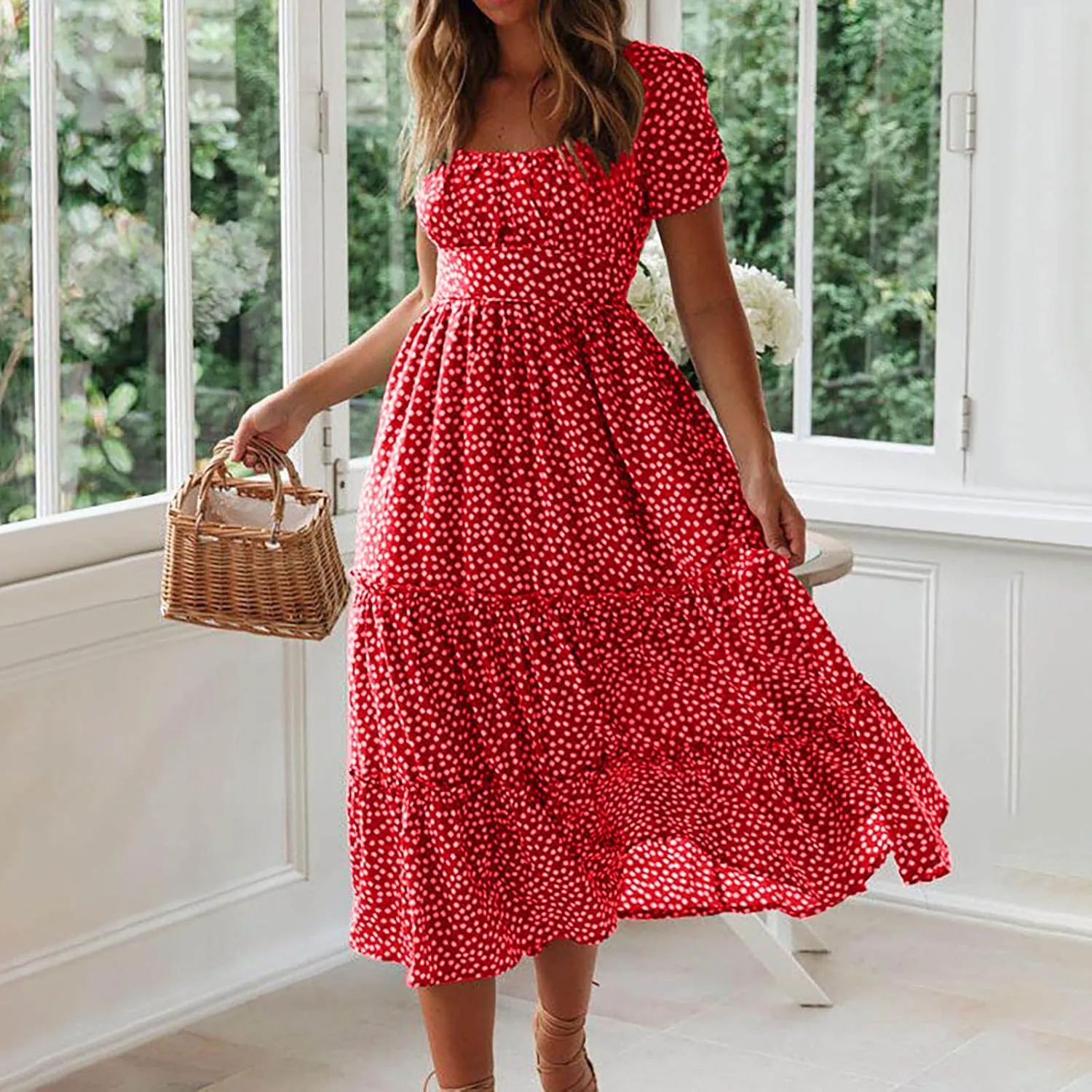 Women's Square Neck Casual Midi Dresses Polka Dot Sundress Short Sleeve Tiered Flowy Fashion Summer Dresses