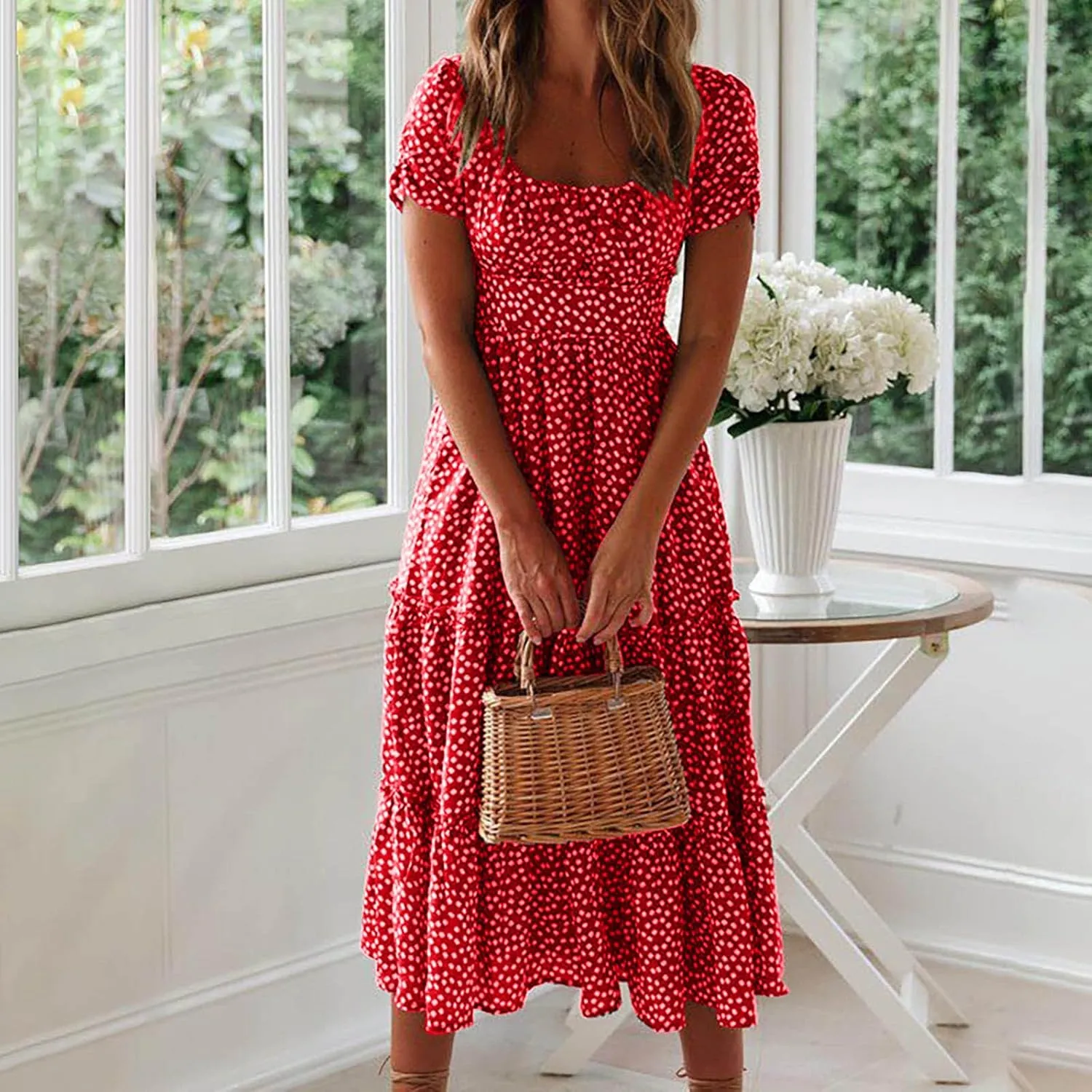 Women's Square Neck Casual Midi Dresses Polka Dot Sundress Short Sleeve Tiered Flowy Fashion Summer Dresses