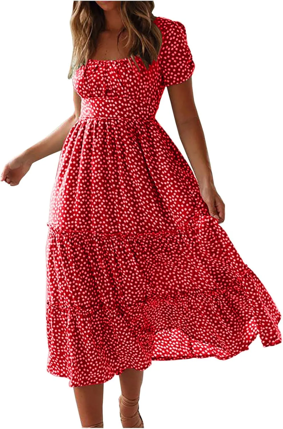 Women's Square Neck Casual Midi Dresses Polka Dot Sundress Short Sleeve Tiered Flowy Fashion Summer Dresses