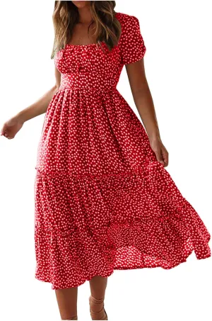 Women's Square Neck Casual Midi Dresses Polka Dot Sundress Short Sleeve Tiered Flowy Fashion Summer Dresses