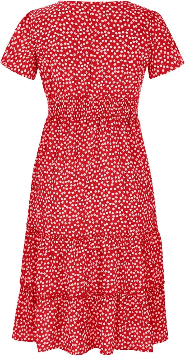 Women's Square Neck Casual Midi Dresses Polka Dot Sundress Short Sleeve Tiered Flowy Fashion Summer Dresses