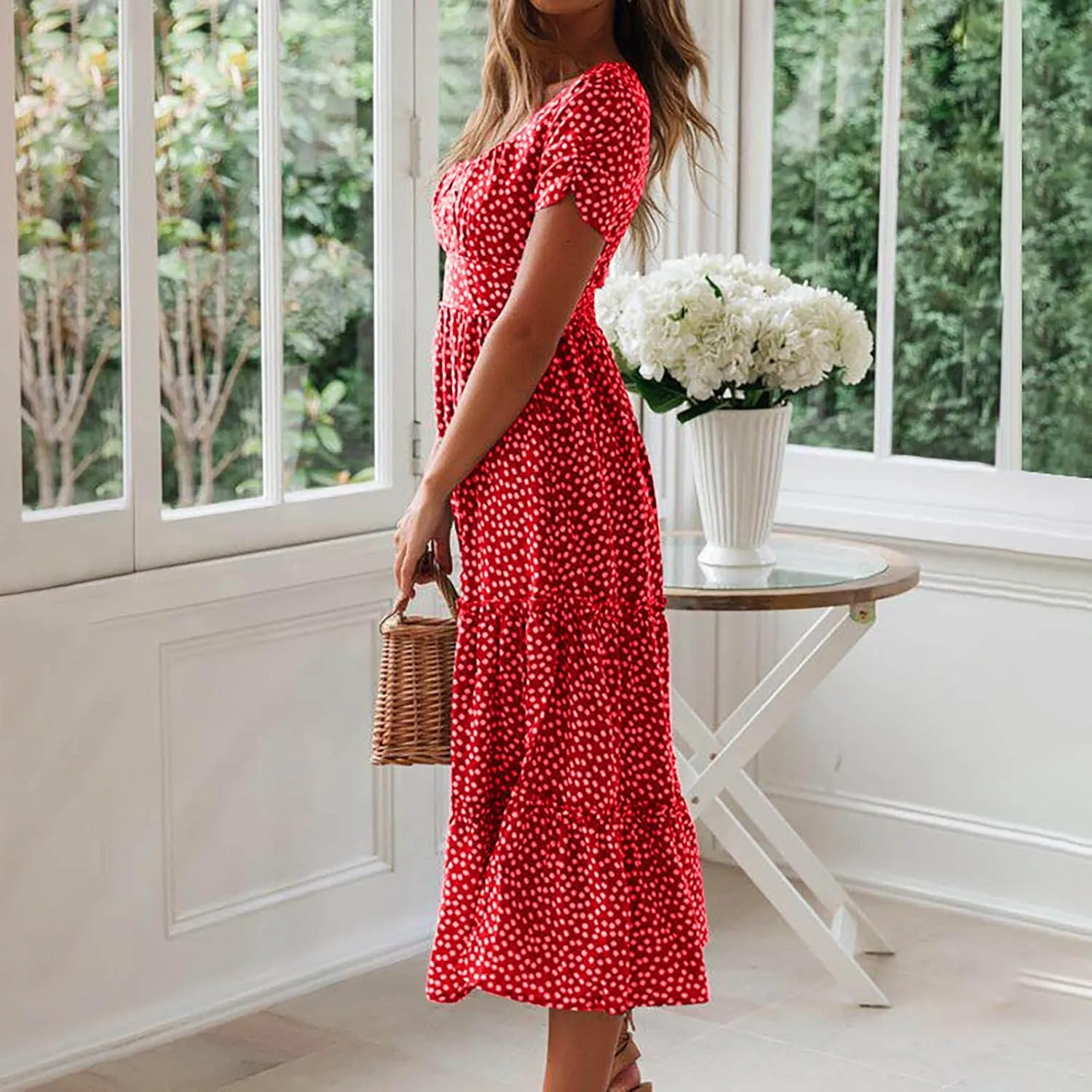 Women's Square Neck Casual Midi Dresses Polka Dot Sundress Short Sleeve Tiered Flowy Fashion Summer Dresses