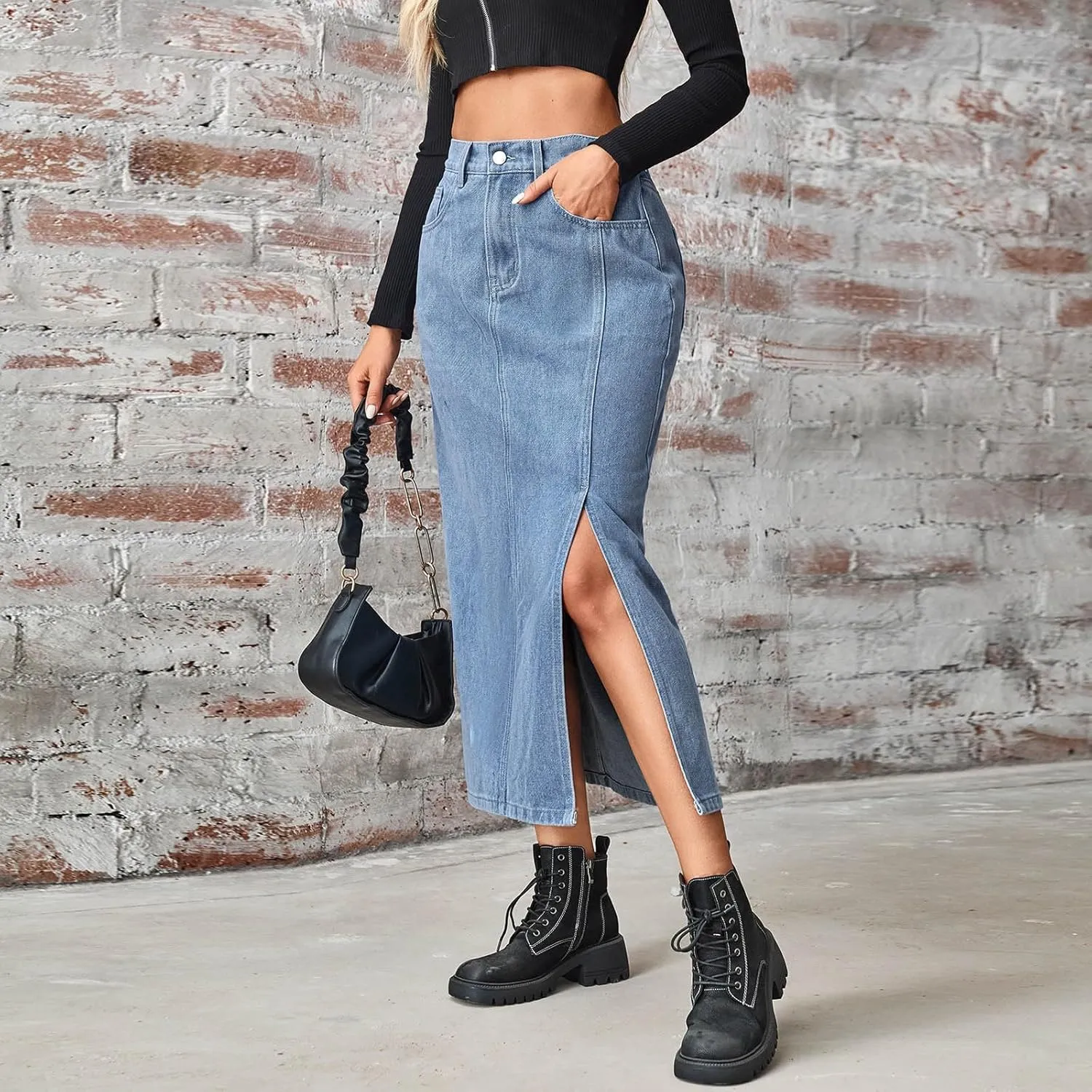 Women's Stretch Denim Casual Skirt High Waisted Fashion Comfy Button Jean Skirts Side Slit Midi Skirt with Pockets