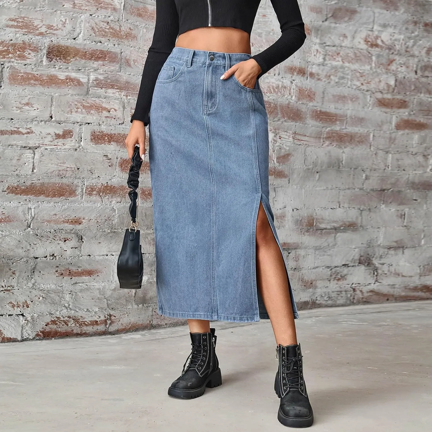 Women's Stretch Denim Casual Skirt High Waisted Fashion Comfy Button Jean Skirts Side Slit Midi Skirt with Pockets