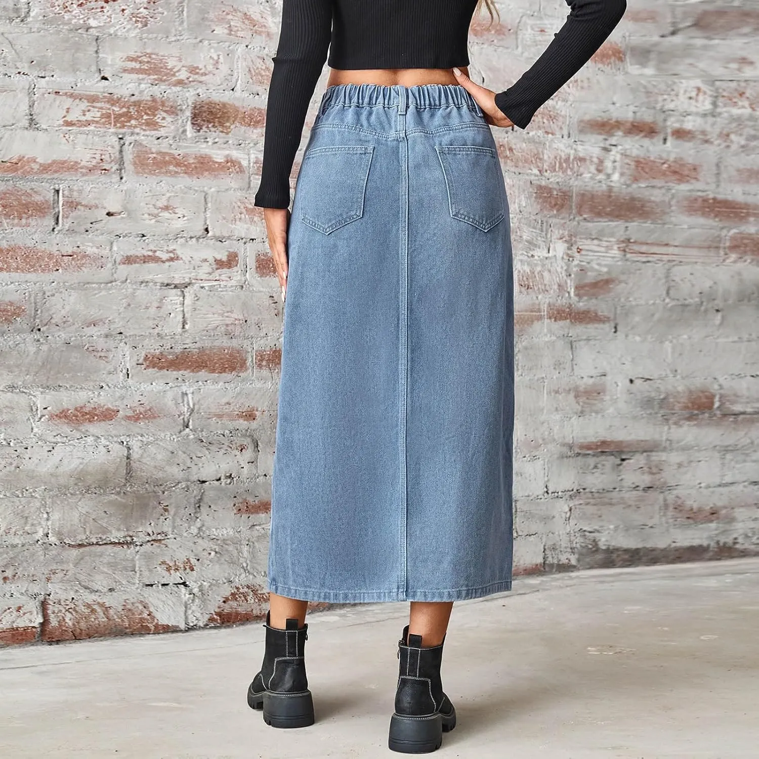 Women's Stretch Denim Casual Skirt High Waisted Fashion Comfy Button Jean Skirts Side Slit Midi Skirt with Pockets