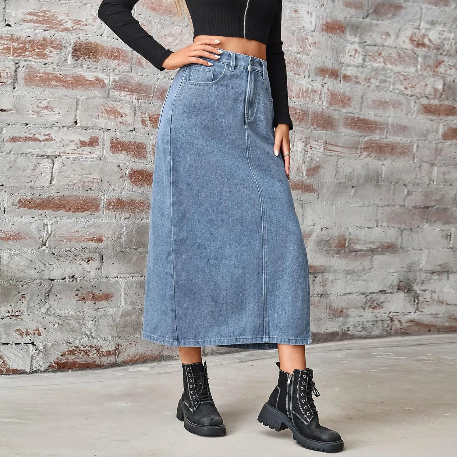 Women's Stretch Denim Casual Skirt High Waisted Fashion Comfy Button Jean Skirts Side Slit Midi Skirt with Pockets