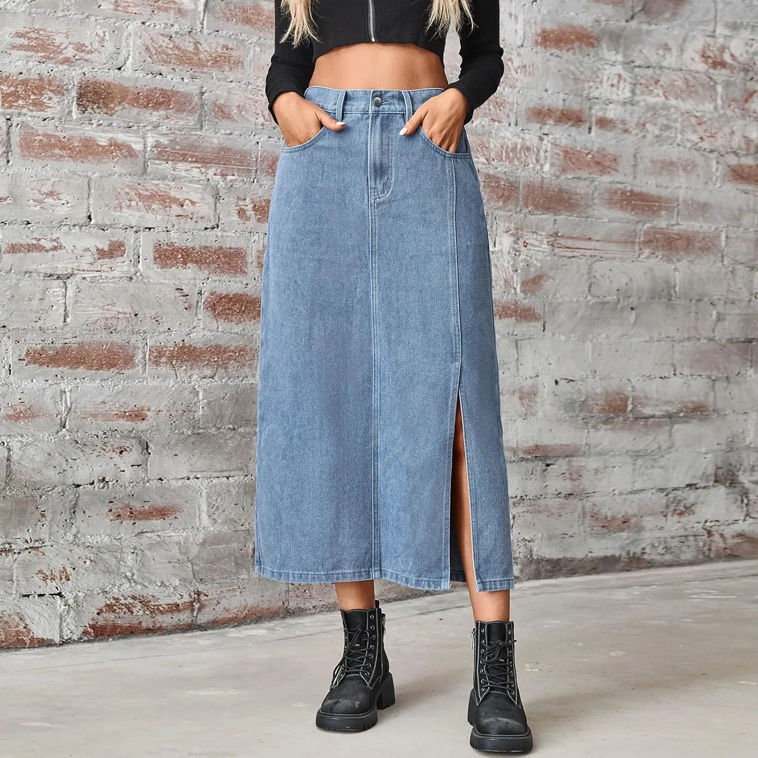 Women's Stretch Denim Casual Skirt High Waisted Fashion Comfy Button Jean Skirts Side Slit Midi Skirt with Pockets