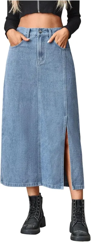 Women's Stretch Denim Casual Skirt High Waisted Fashion Comfy Button Jean Skirts Side Slit Midi Skirt with Pockets