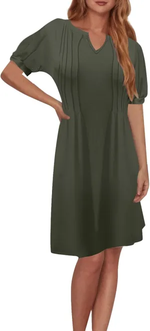 Women's Summer 2025 Puff Short Sleeve Casual V Neck Mini Dresses Summer Pleated T-Shirt Tunic Beach Short Dress