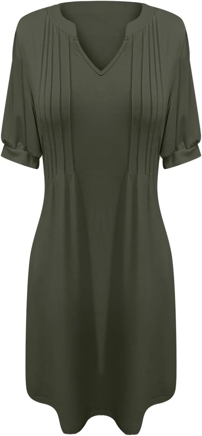 Women's Summer 2025 Puff Short Sleeve Casual V Neck Mini Dresses Summer Pleated T-Shirt Tunic Beach Short Dress