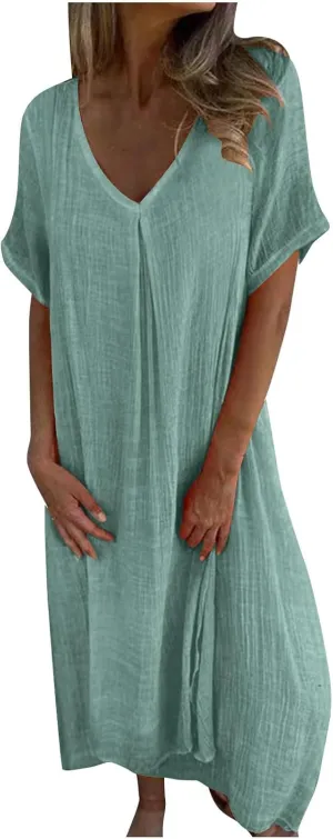 Women's Summer Beach Comforable T Shirt Dress V Neck Cotton Linen Casual Tunic Short Sleeve Boho Flowy Sun Dresses