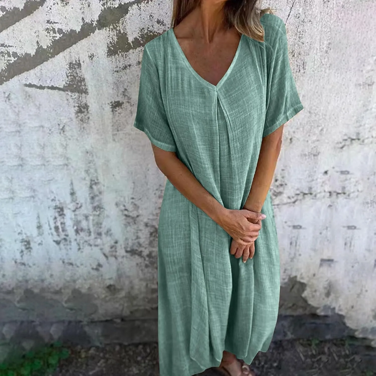 Women's Summer Beach Comforable T Shirt Dress V Neck Cotton Linen Casual Tunic Short Sleeve Boho Flowy Sun Dresses