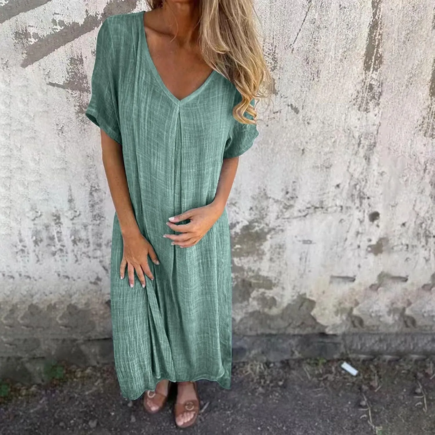Women's Summer Beach Comforable T Shirt Dress V Neck Cotton Linen Casual Tunic Short Sleeve Boho Flowy Sun Dresses
