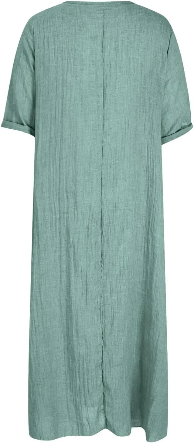 Women's Summer Beach Comforable T Shirt Dress V Neck Cotton Linen Casual Tunic Short Sleeve Boho Flowy Sun Dresses