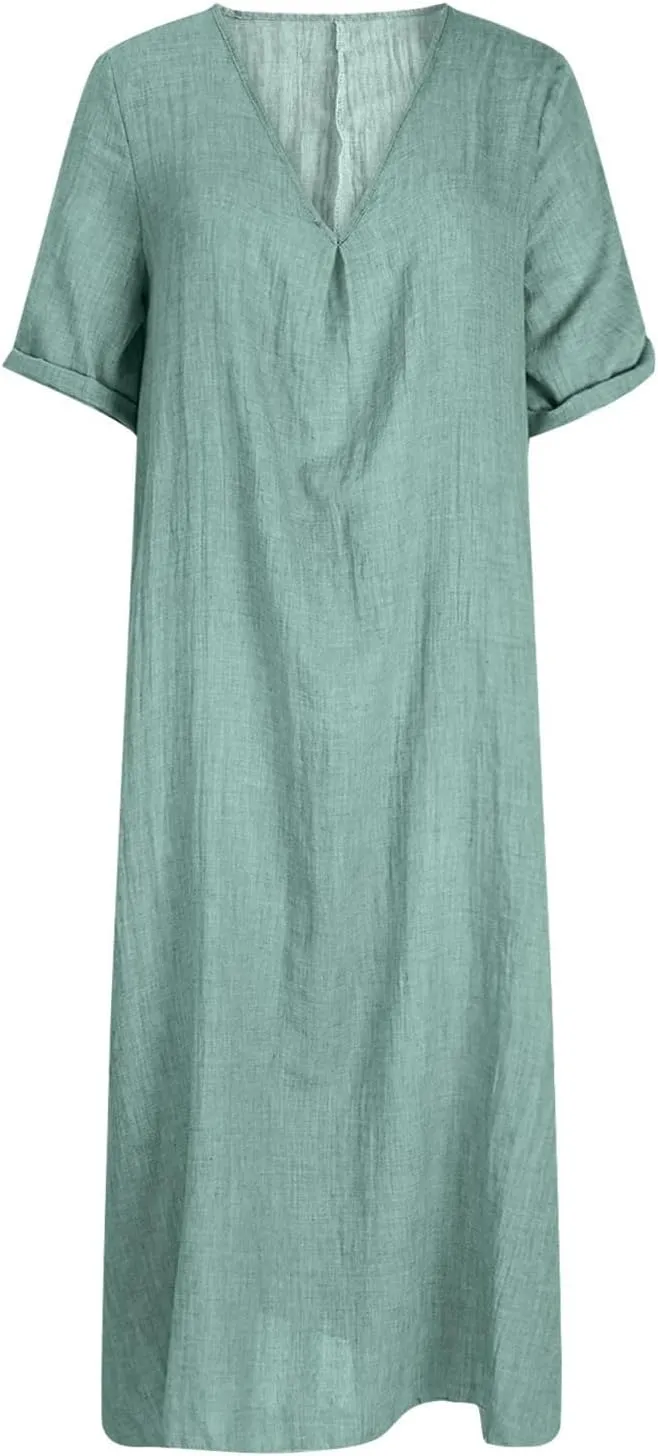 Women's Summer Beach Comforable T Shirt Dress V Neck Cotton Linen Casual Tunic Short Sleeve Boho Flowy Sun Dresses