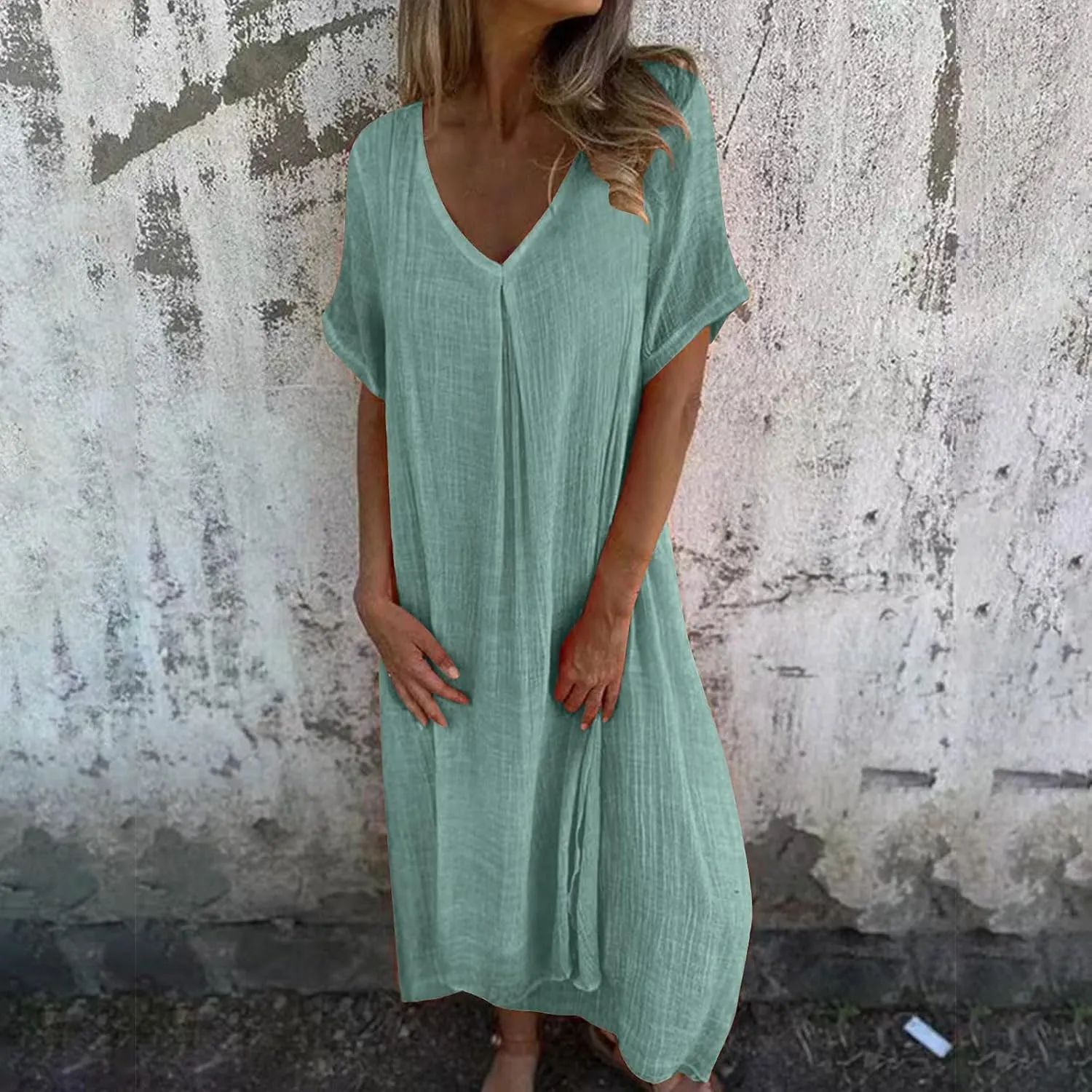 Women's Summer Beach Comforable T Shirt Dress V Neck Cotton Linen Casual Tunic Short Sleeve Boho Flowy Sun Dresses