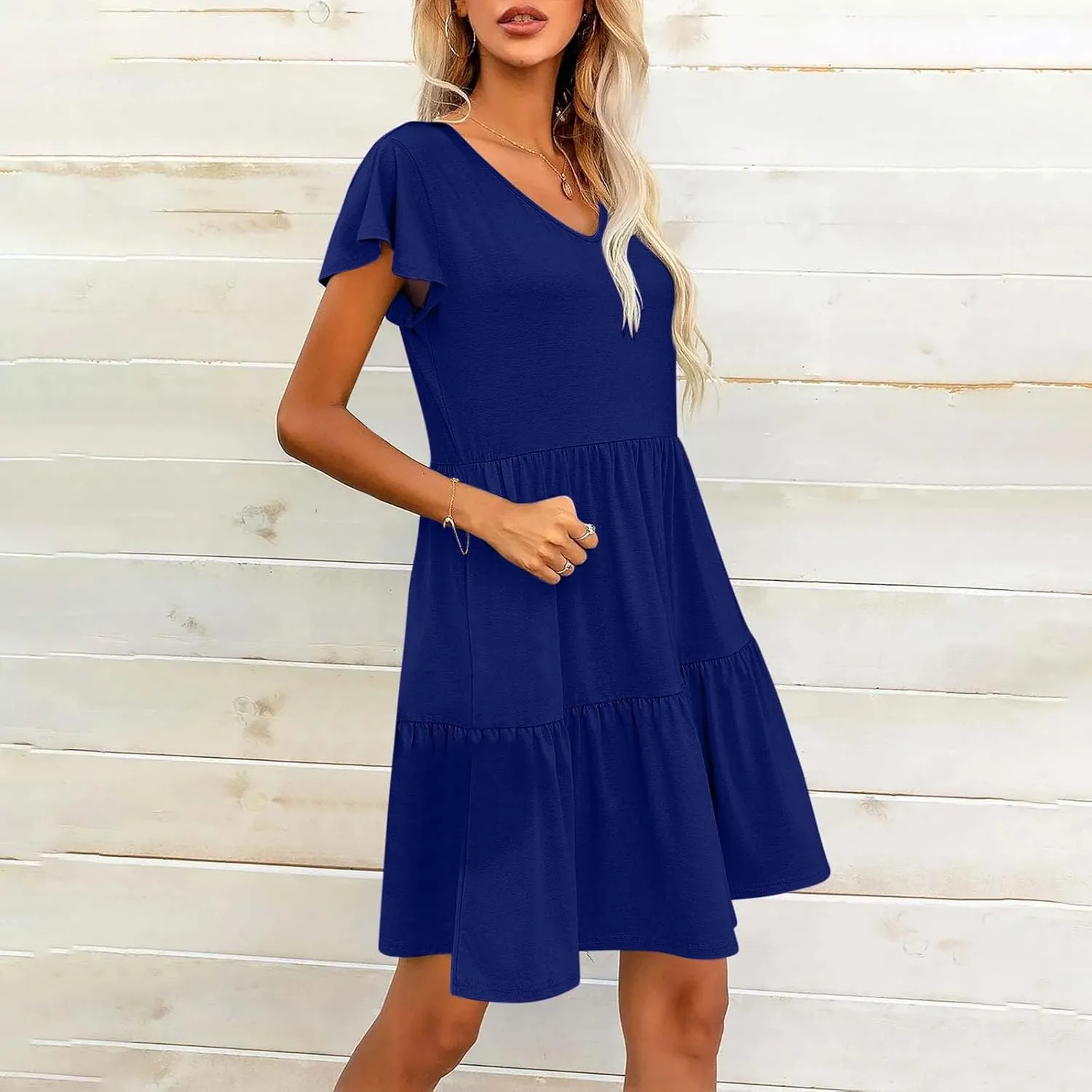 Womens Summer Boho Dresses Ruffle Short Sleeve V Neck Dress Tiered Swing A Line Dress Casual Babydoll Mini Sundress