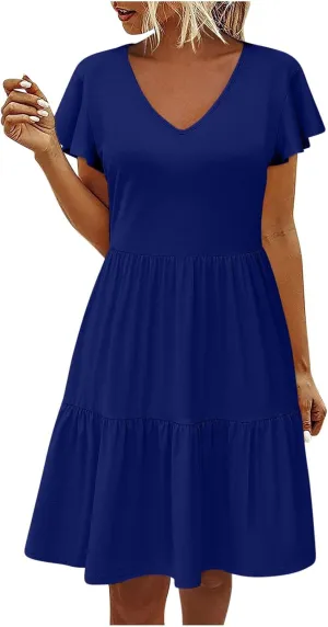 Womens Summer Boho Dresses Ruffle Short Sleeve V Neck Dress Tiered Swing A Line Dress Casual Babydoll Mini Sundress