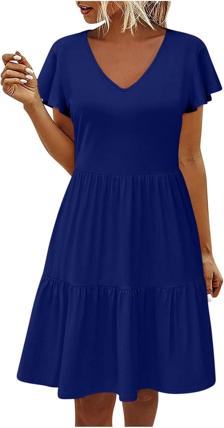 Womens Summer Boho Dresses Ruffle Short Sleeve V Neck Dress Tiered Swing A Line Dress Casual Babydoll Mini Sundress