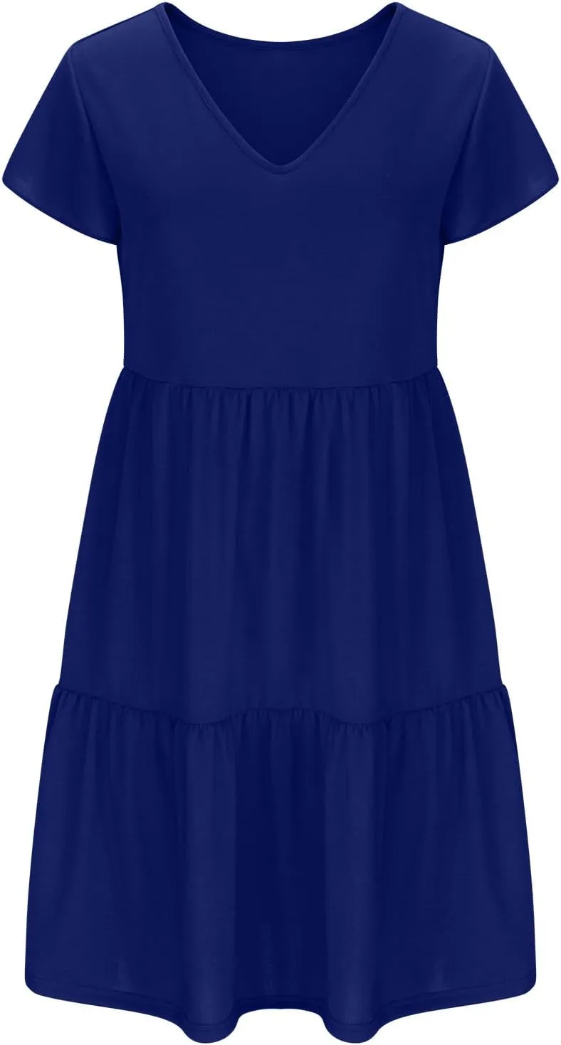Womens Summer Boho Dresses Ruffle Short Sleeve V Neck Dress Tiered Swing A Line Dress Casual Babydoll Mini Sundress