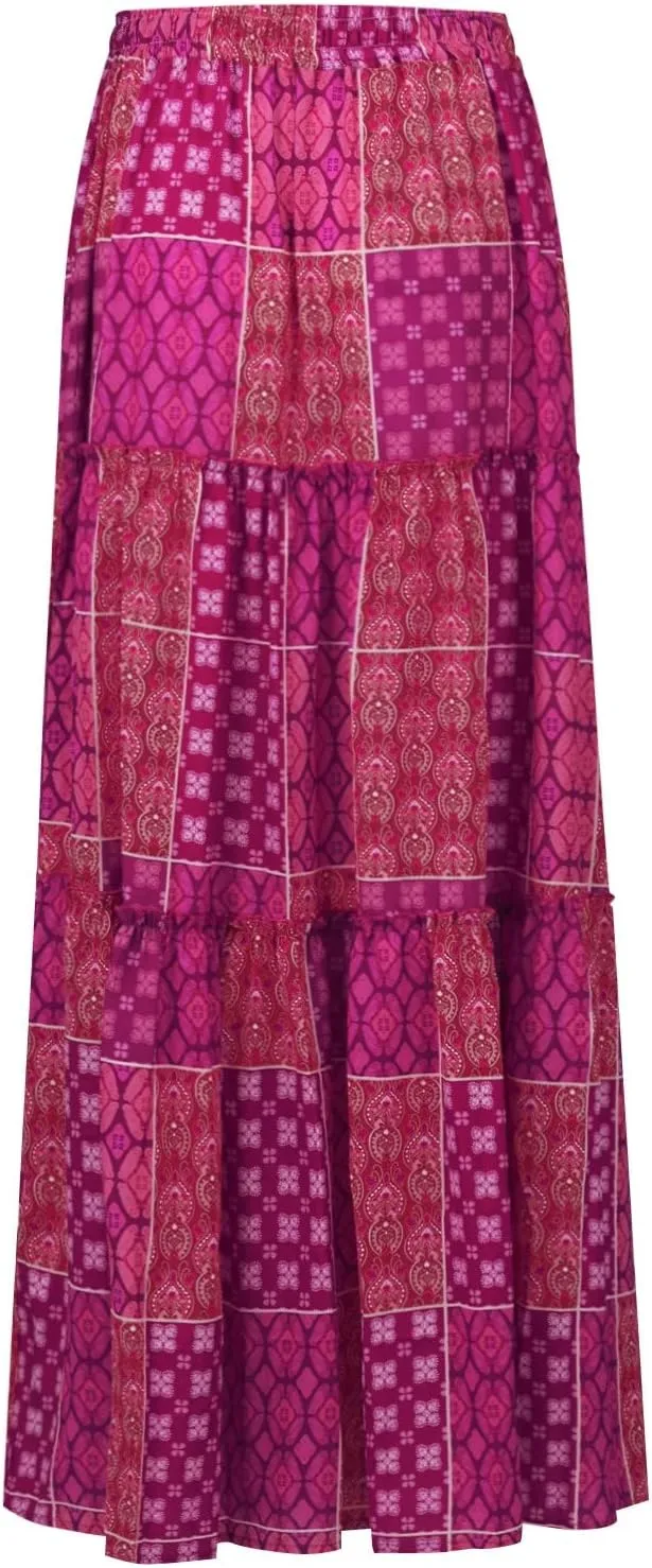 Womens Summer Boho Flowy Swing Tiered A-Line Midi Skirt 2025 Fashion Trendy Elastic Waist Pleated Long Beach Dress