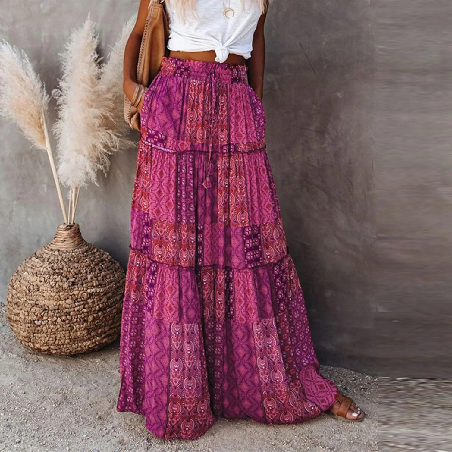 Womens Summer Boho Flowy Swing Tiered A-Line Midi Skirt 2025 Fashion Trendy Elastic Waist Pleated Long Beach Dress