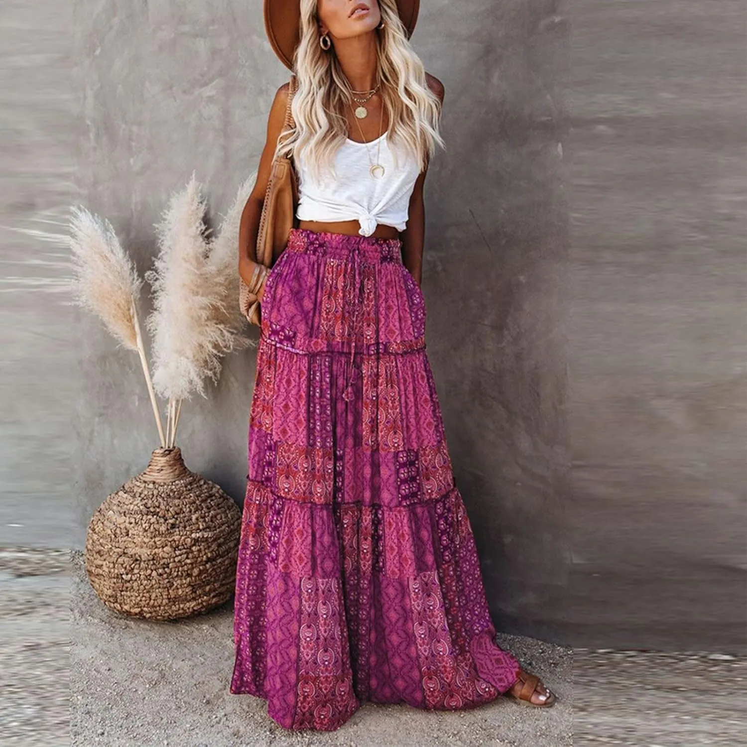 Womens Summer Boho Flowy Swing Tiered A-Line Midi Skirt 2025 Fashion Trendy Elastic Waist Pleated Long Beach Dress