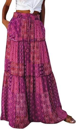 Womens Summer Boho Flowy Swing Tiered A-Line Midi Skirt 2025 Fashion Trendy Elastic Waist Pleated Long Beach Dress