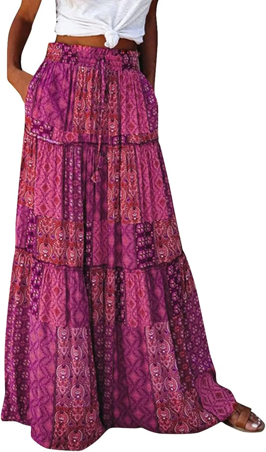 Womens Summer Boho Flowy Swing Tiered A-Line Midi Skirt 2025 Fashion Trendy Elastic Waist Pleated Long Beach Dress