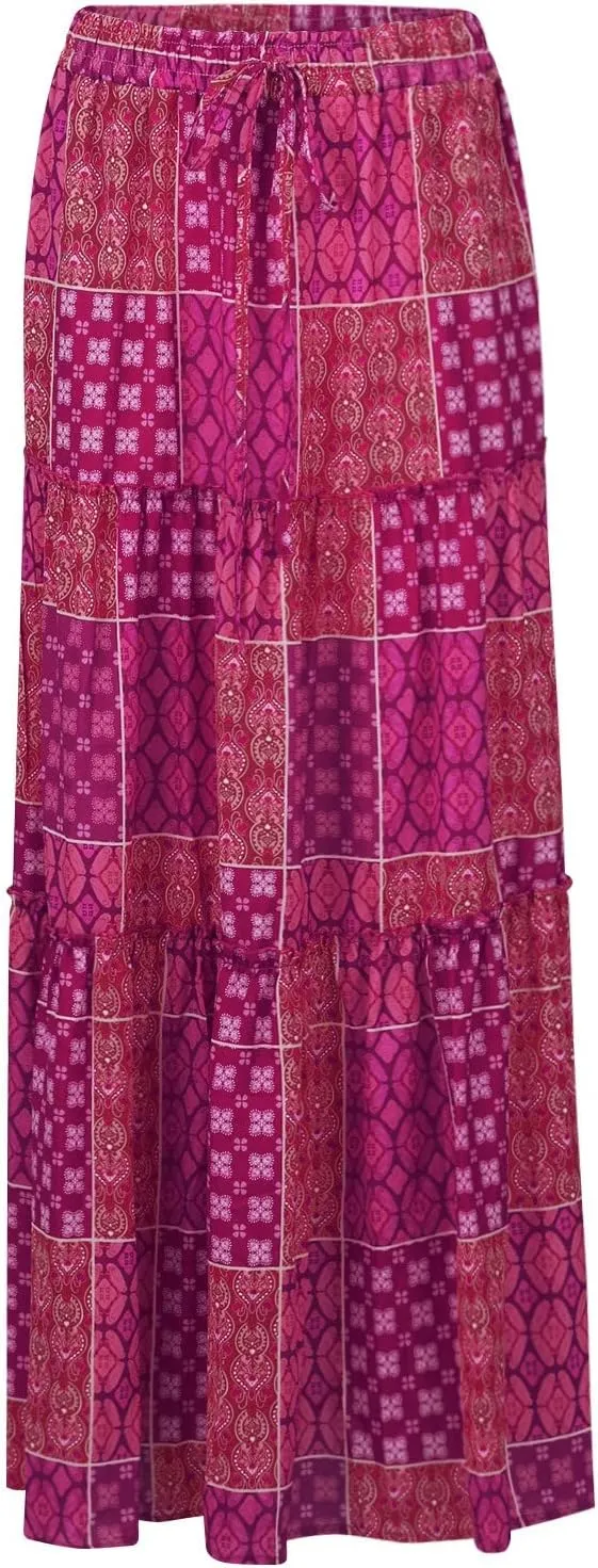 Womens Summer Boho Flowy Swing Tiered A-Line Midi Skirt 2025 Fashion Trendy Elastic Waist Pleated Long Beach Dress