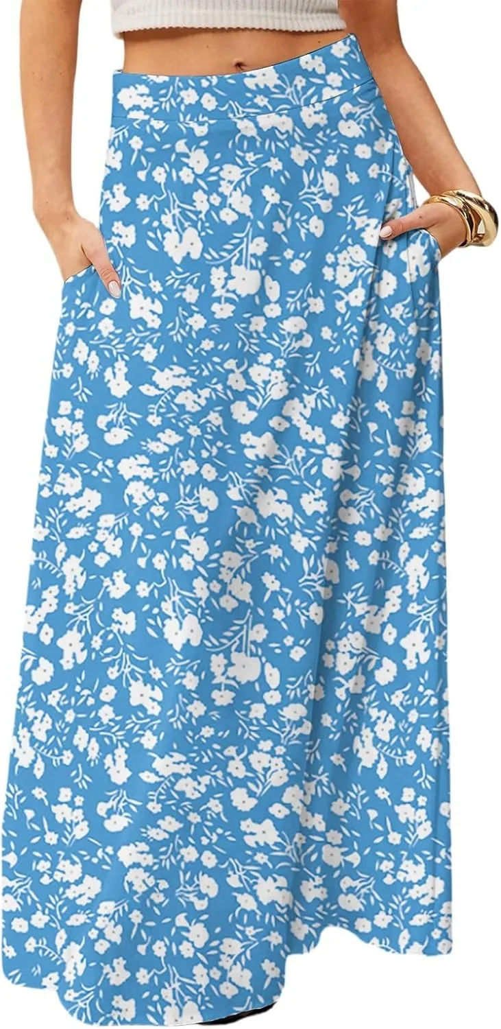 Womens Summer Boho Skirt 2025 Elastic Waist Flowy Casual A-Line Maxi Skirt Trendy, S-2XL