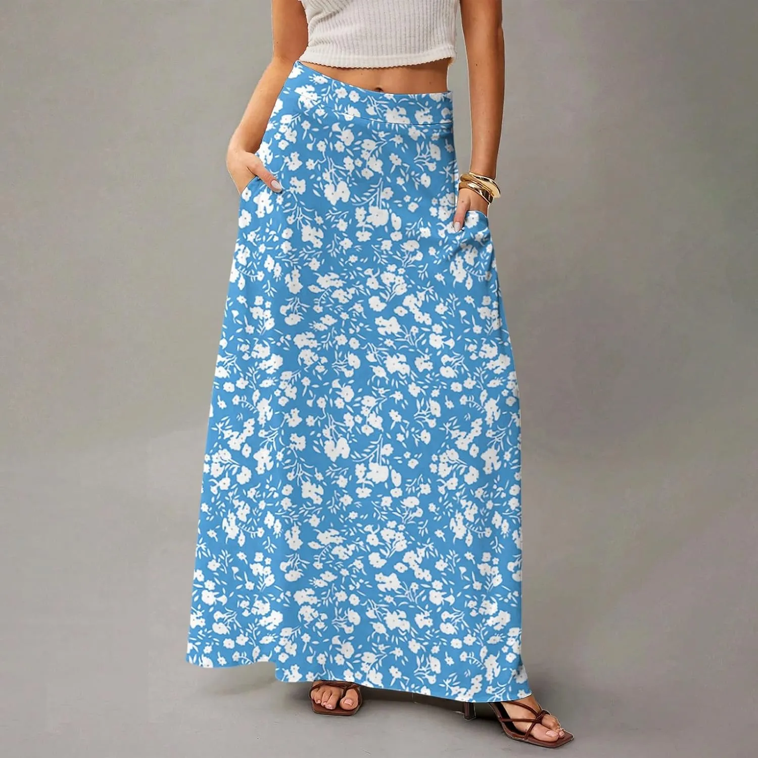 Womens Summer Boho Skirt 2025 Elastic Waist Flowy Casual A-Line Maxi Skirt Trendy, S-2XL