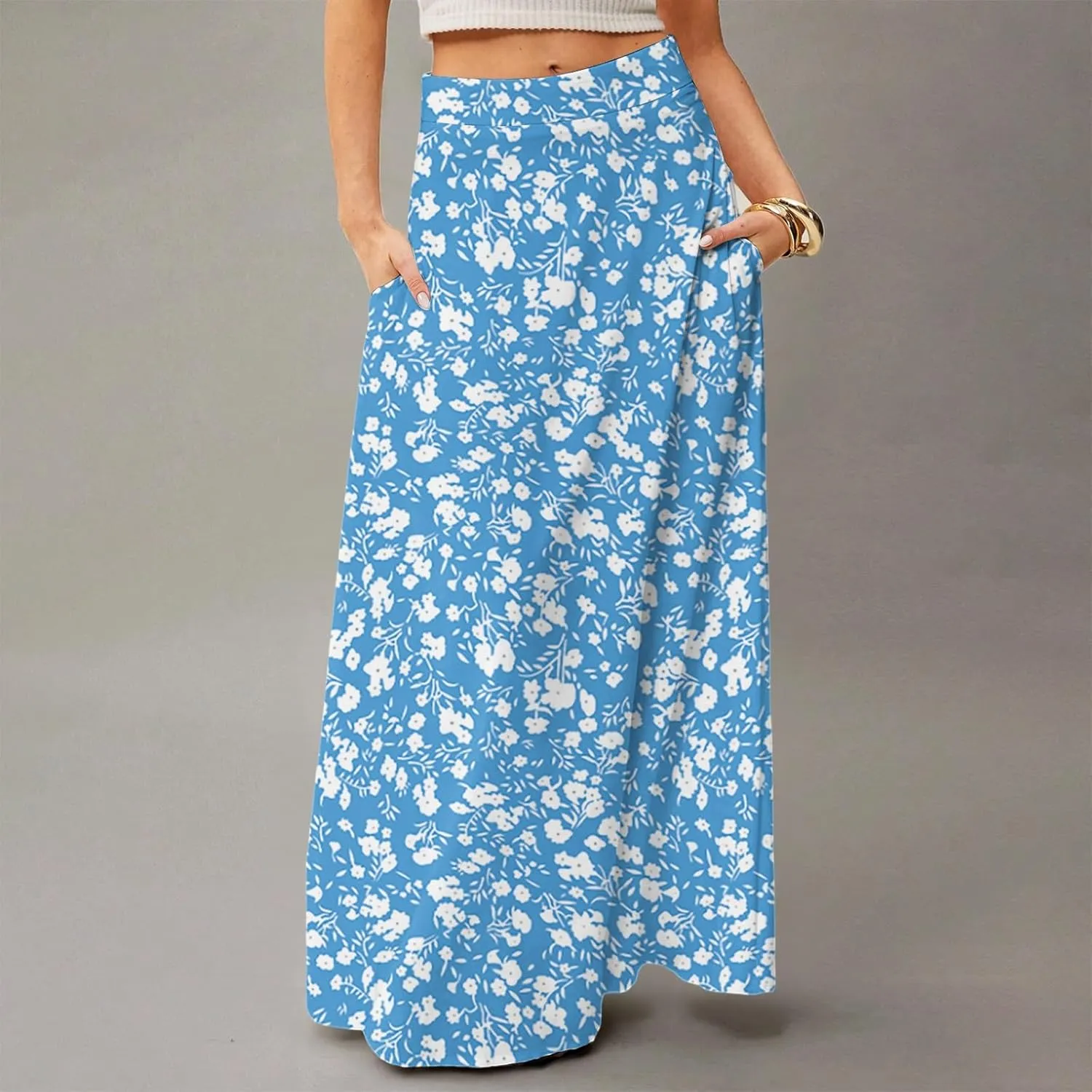 Womens Summer Boho Skirt 2025 Elastic Waist Flowy Casual A-Line Maxi Skirt Trendy, S-2XL