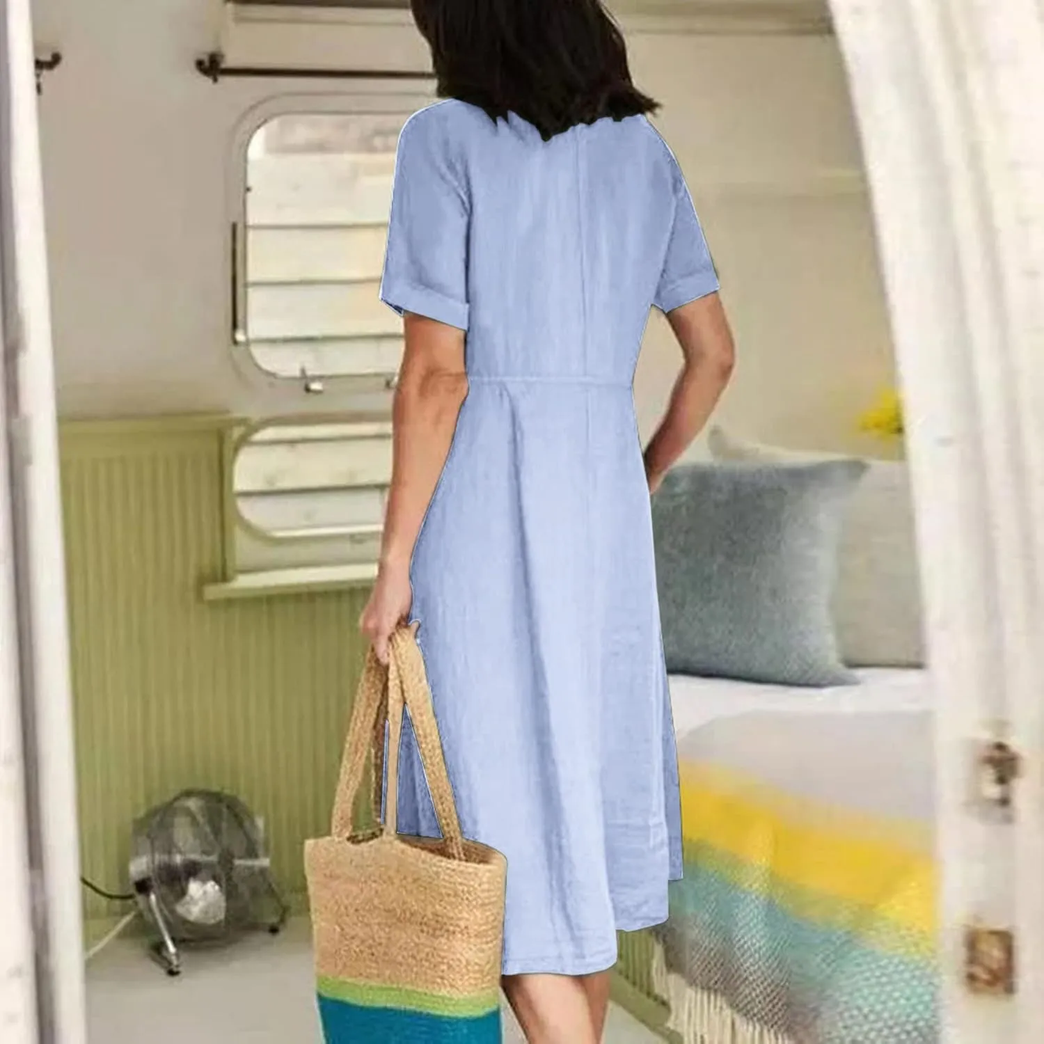 Women's Summer Casual Cotton Linen Midi Dress Plus Size Short Sleeve Button Up V-Neck Maxi Dress with Pockets