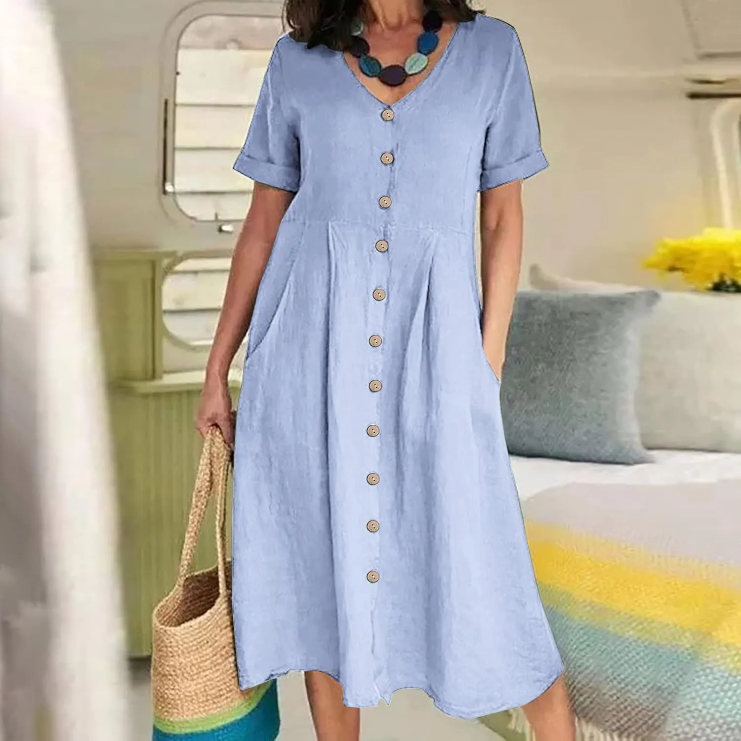 Women's Summer Casual Cotton Linen Midi Dress Plus Size Short Sleeve Button Up V-Neck Maxi Dress with Pockets