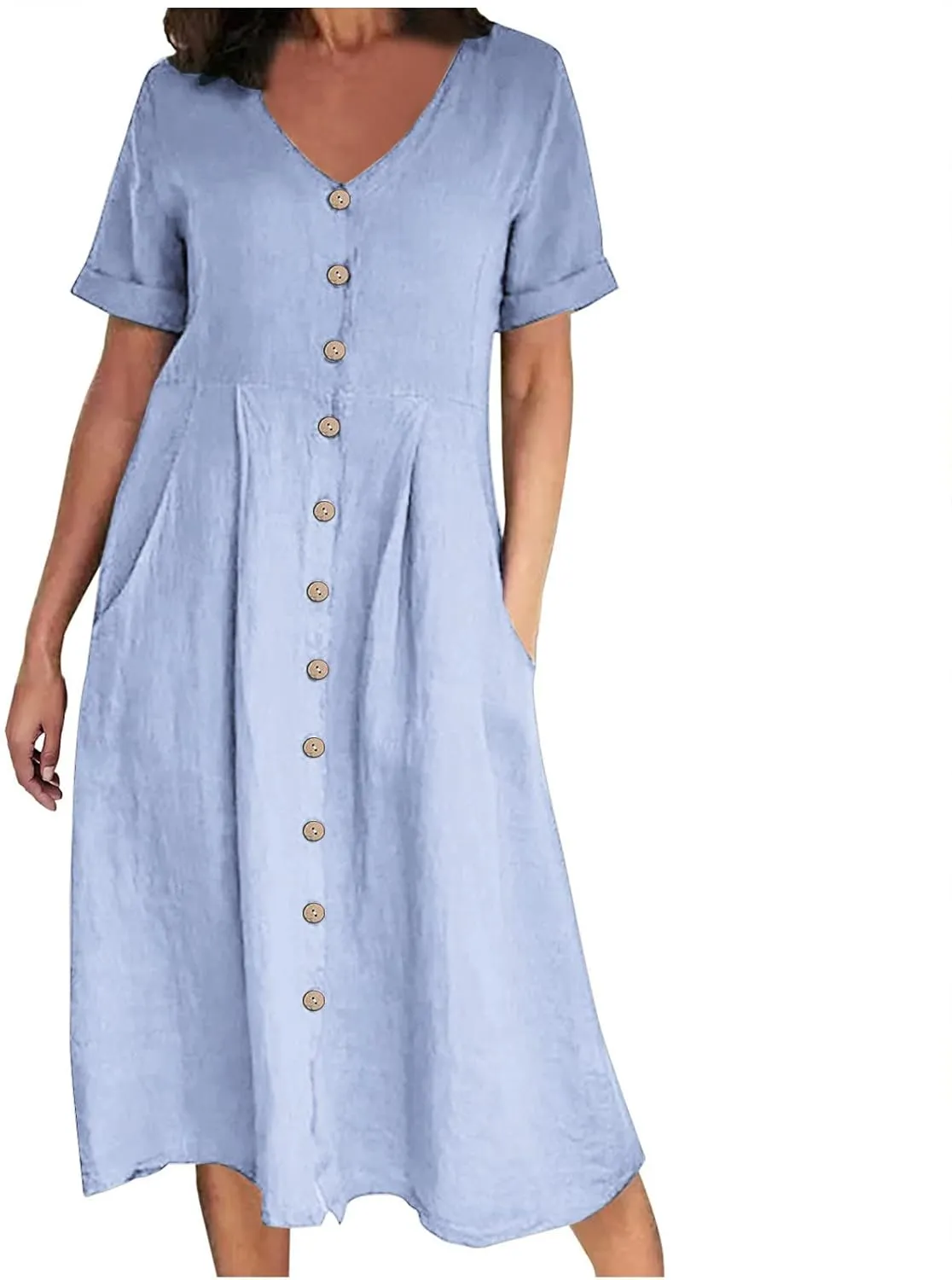 Women's Summer Casual Cotton Linen Midi Dress Plus Size Short Sleeve Button Up V-Neck Maxi Dress with Pockets