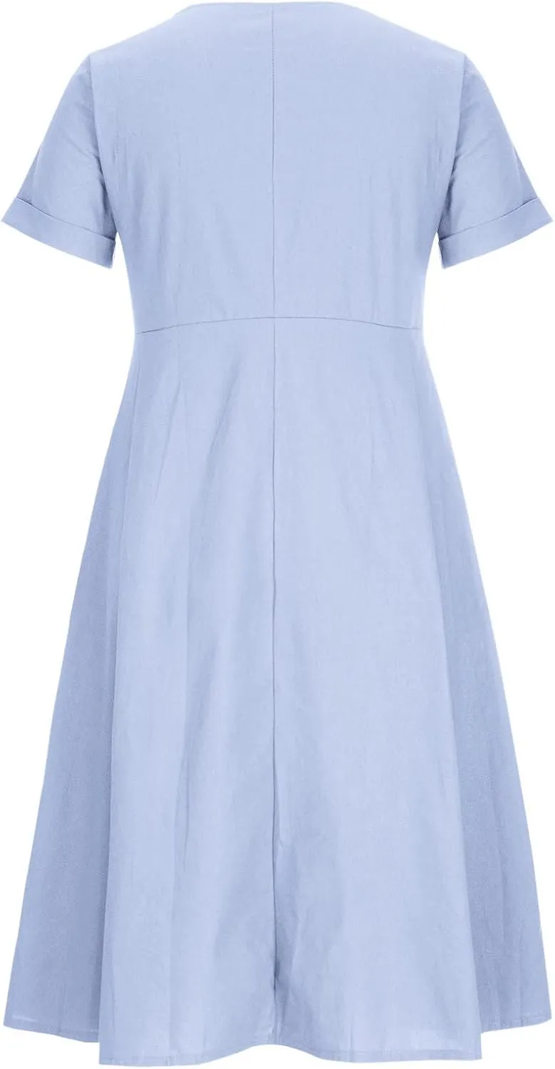Women's Summer Casual Cotton Linen Midi Dress Plus Size Short Sleeve Button Up V-Neck Maxi Dress with Pockets