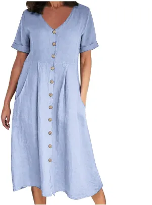 Women's Summer Casual Cotton Linen Midi Dress Plus Size Short Sleeve Button Up V-Neck Maxi Dress with Pockets