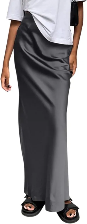 Women's Summer Casual Maxi Slim Skirt High Waist Elastic Solid Glossy Skirts