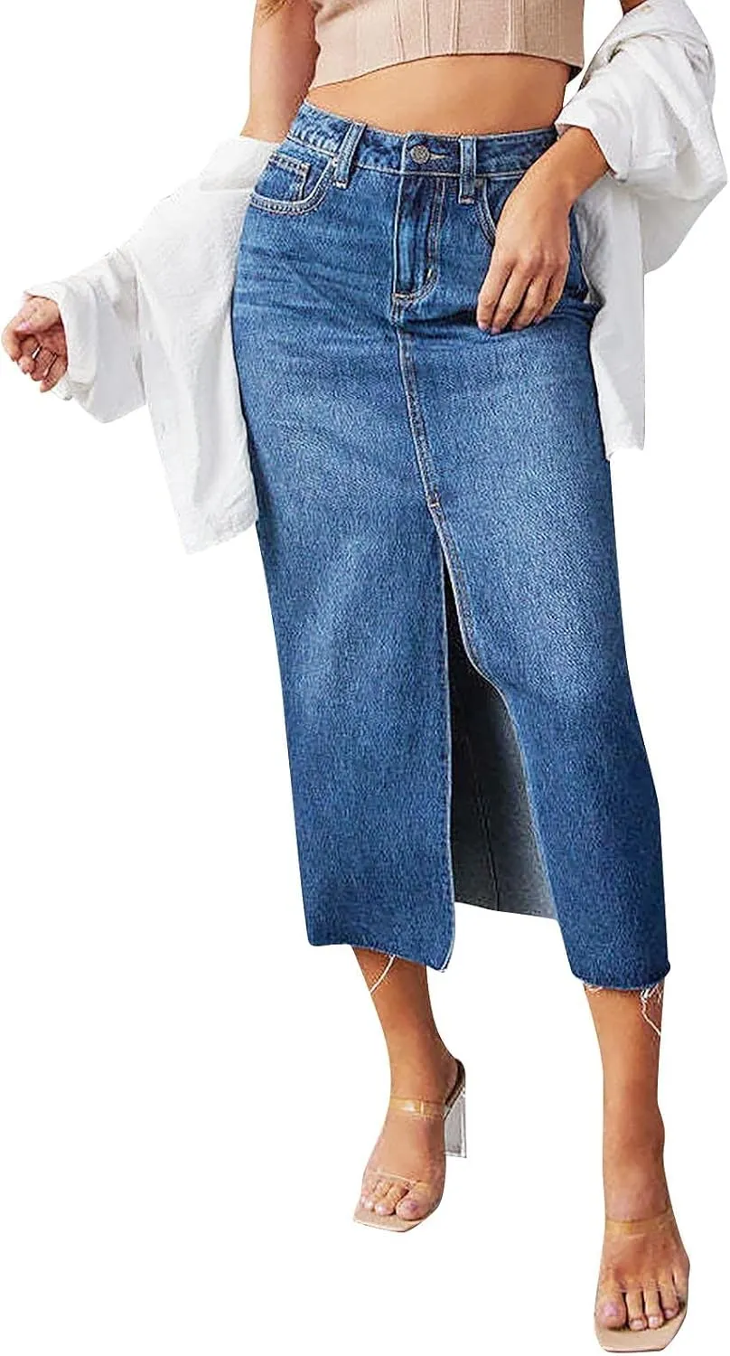 Women's Summer Casual Midi Denim High Waist Split A Line Elastic Skorts
