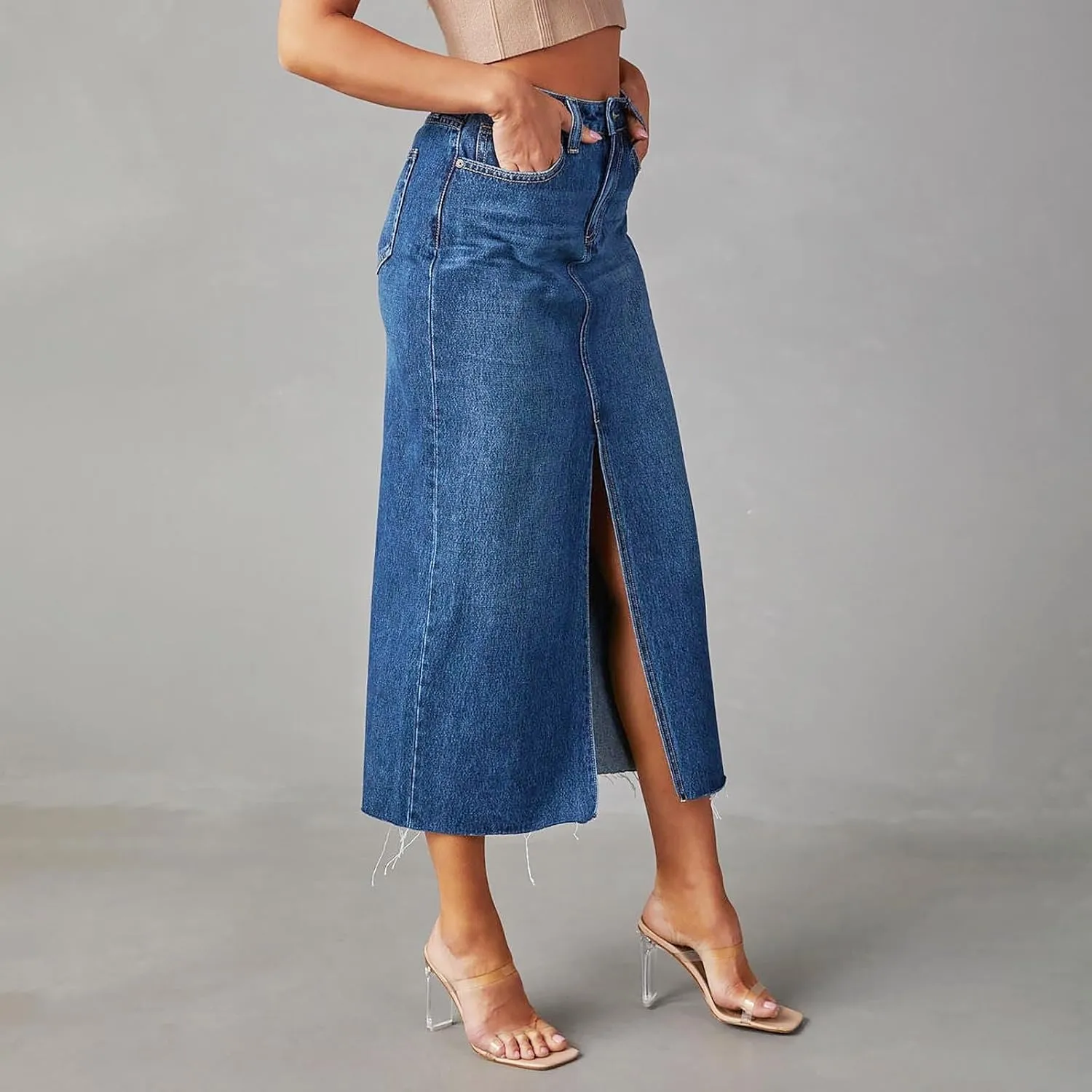 Women's Summer Casual Midi Denim High Waist Split A Line Elastic Skorts