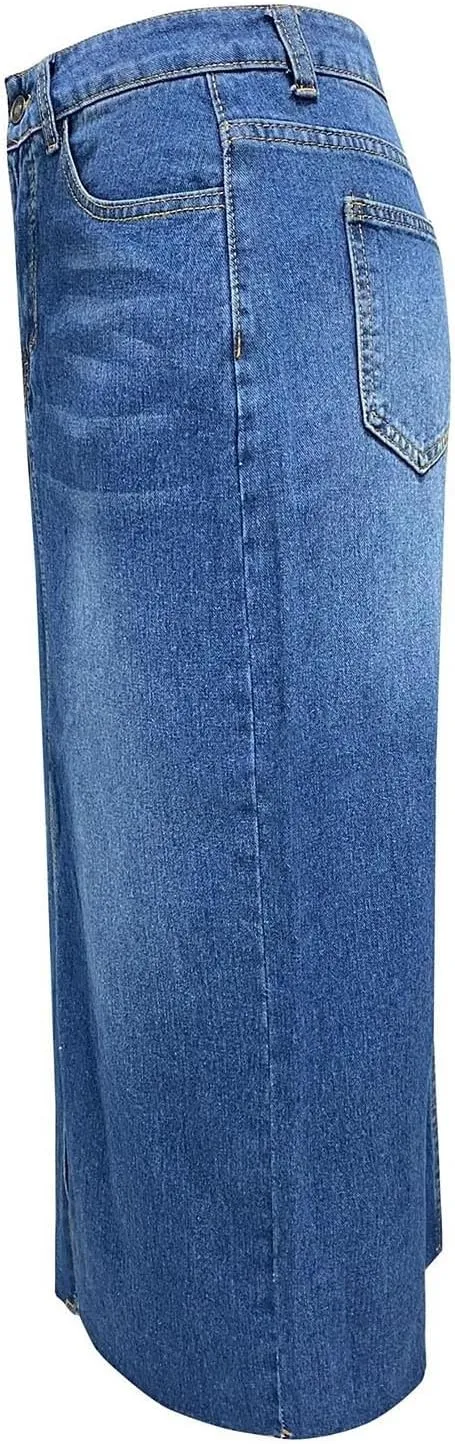 Women's Summer Casual Midi Denim High Waist Split A Line Elastic Skorts