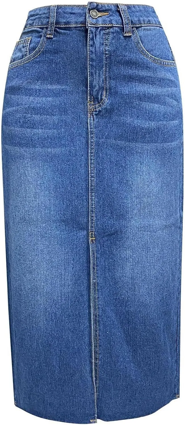Women's Summer Casual Midi Denim High Waist Split A Line Elastic Skorts