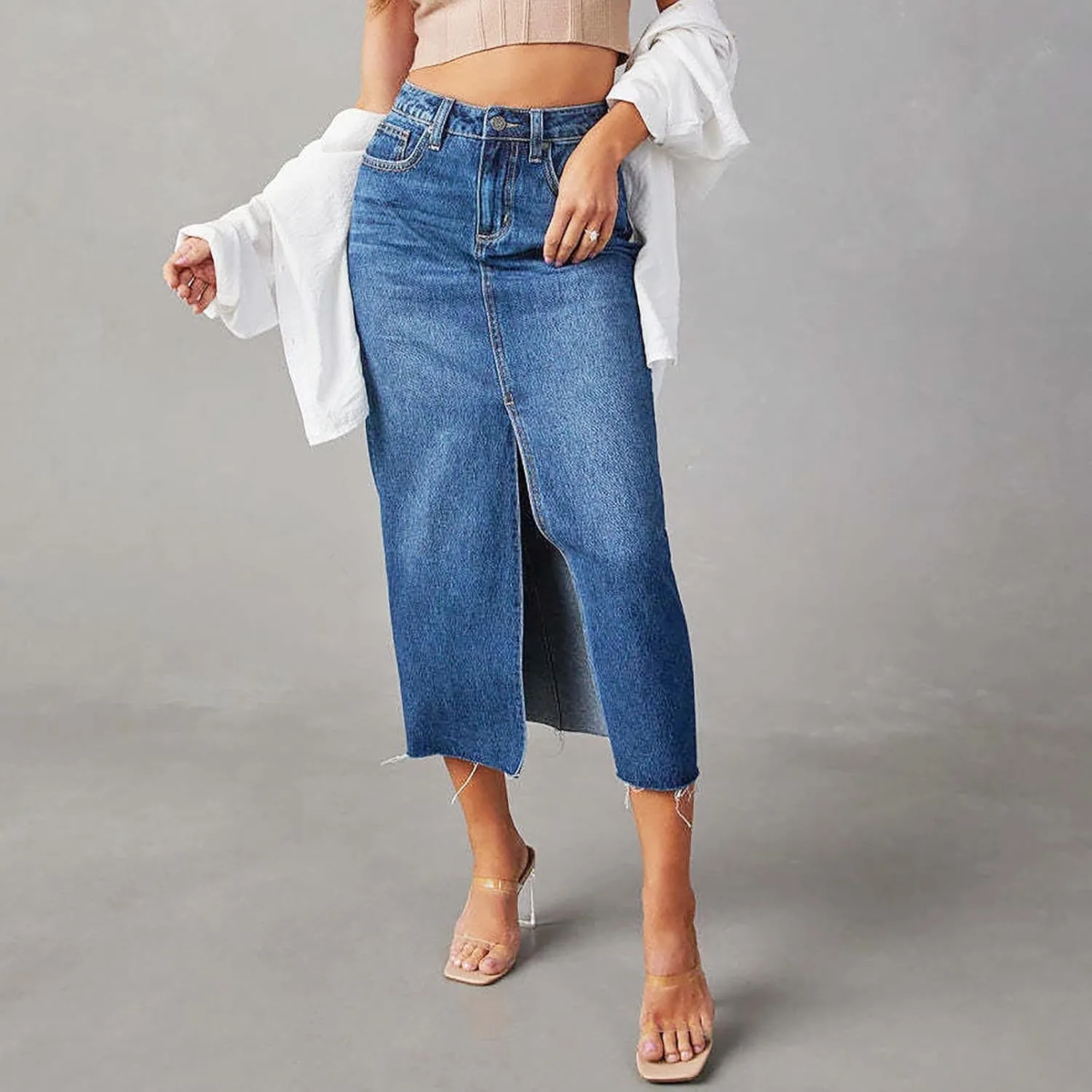 Women's Summer Casual Midi Denim High Waist Split A Line Elastic Skorts