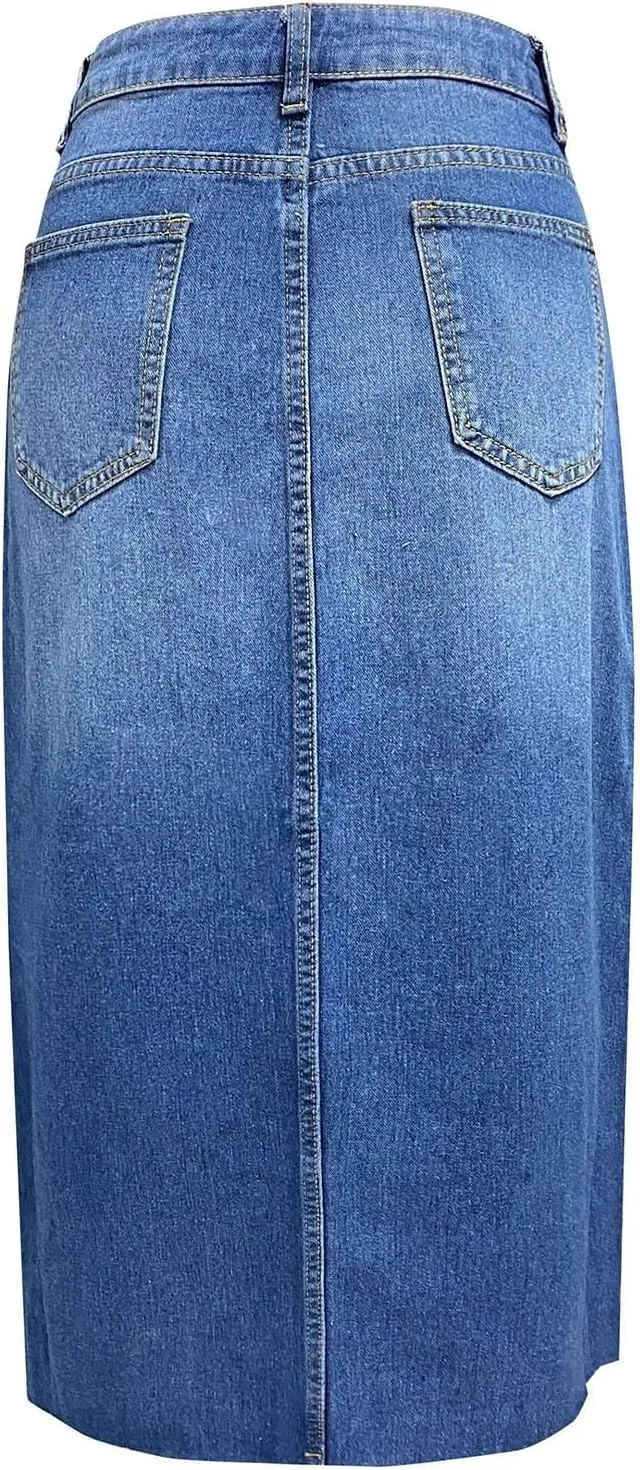 Women's Summer Casual Midi Denim High Waist Split A Line Elastic Skorts